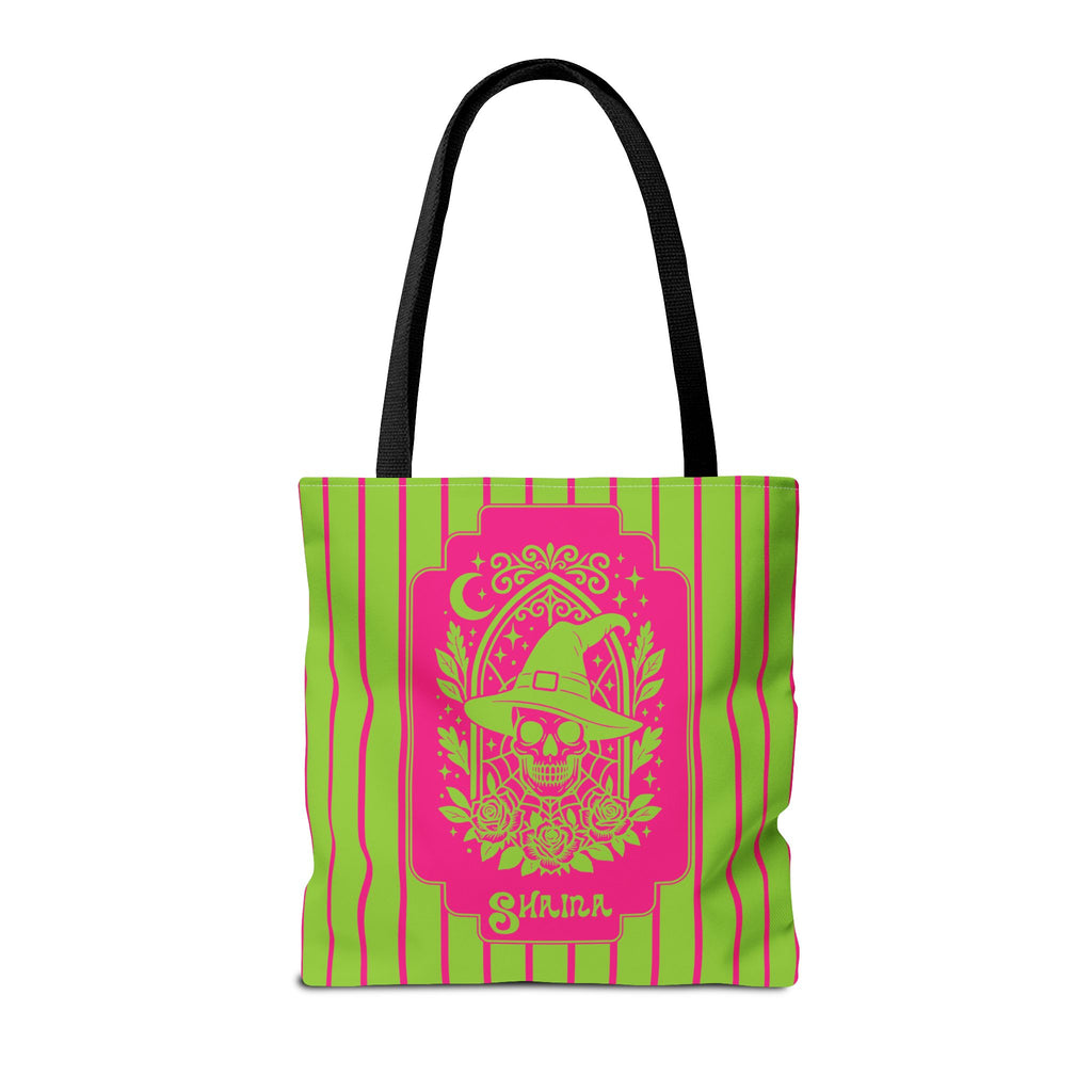 Retro Goth Skull Witch Tote Bag — Neon Pink and Lime Striped Tote
