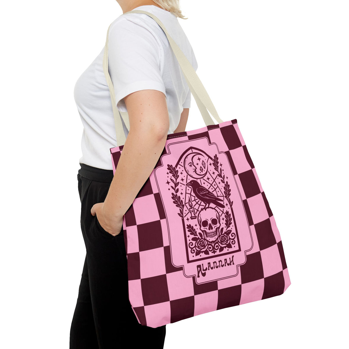 Gothic Raven and Skull Checkerboard Tote Bag - Personalizable Pink Retro Goth Carryall