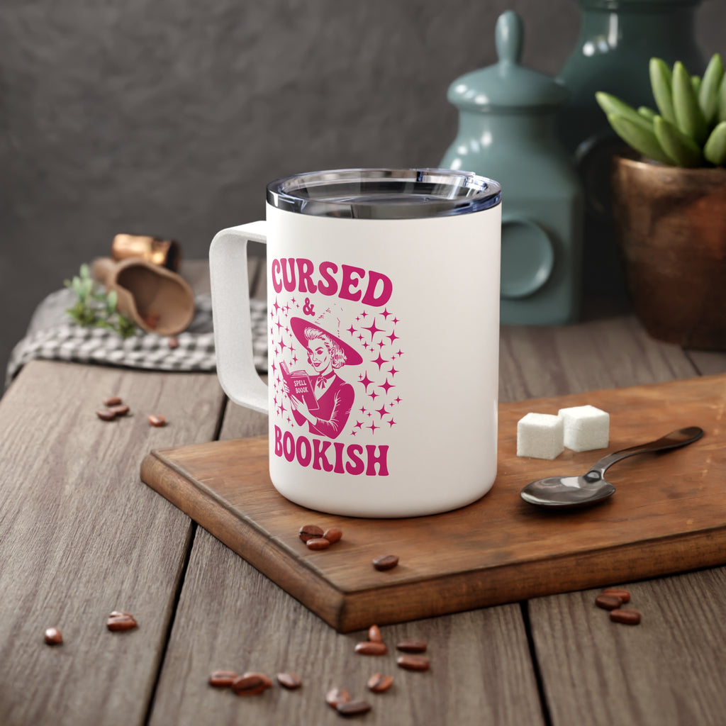 Insulated Coffee Mug — 'Cursed and Bookish' Pink Star Graphic 10oz Travel Tumbler