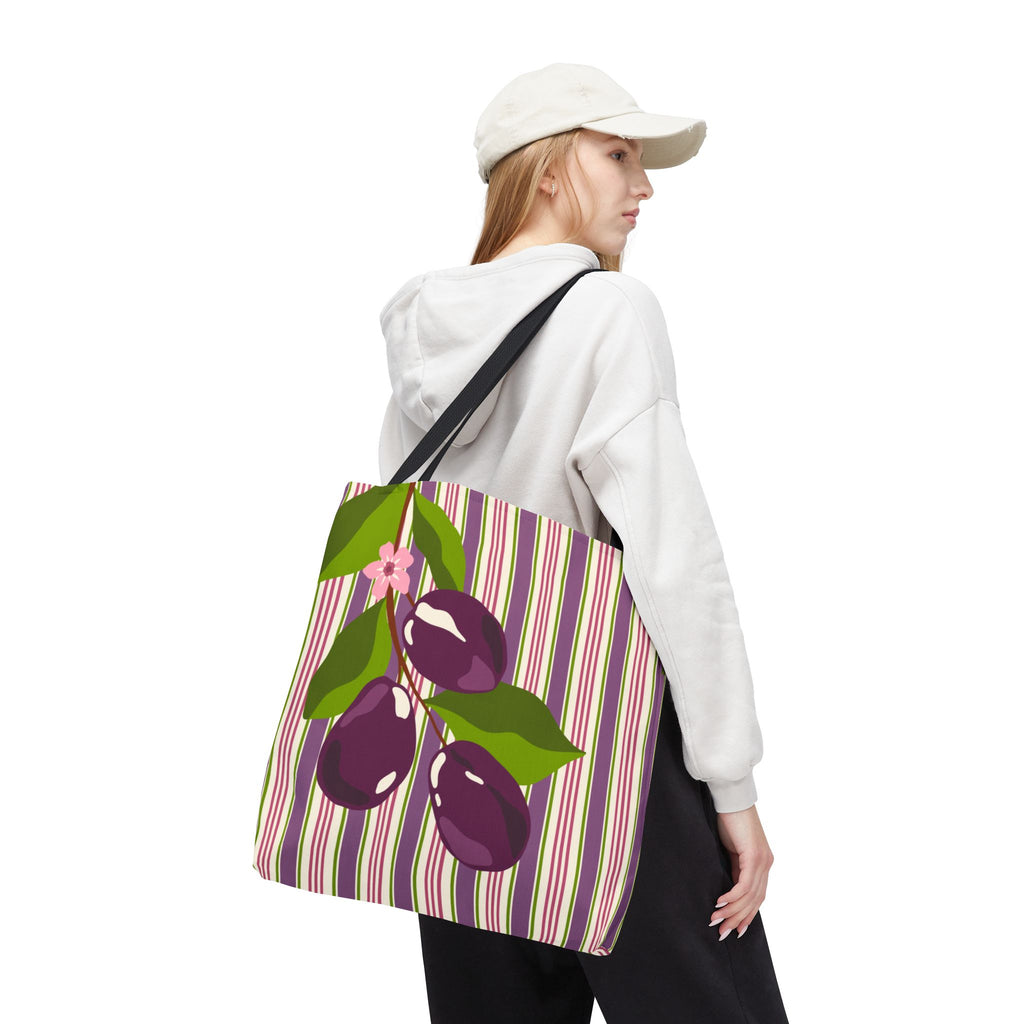 Plum Orchard Striped Tote Bag - Floral Plum Bouquet All-Over Print Tote