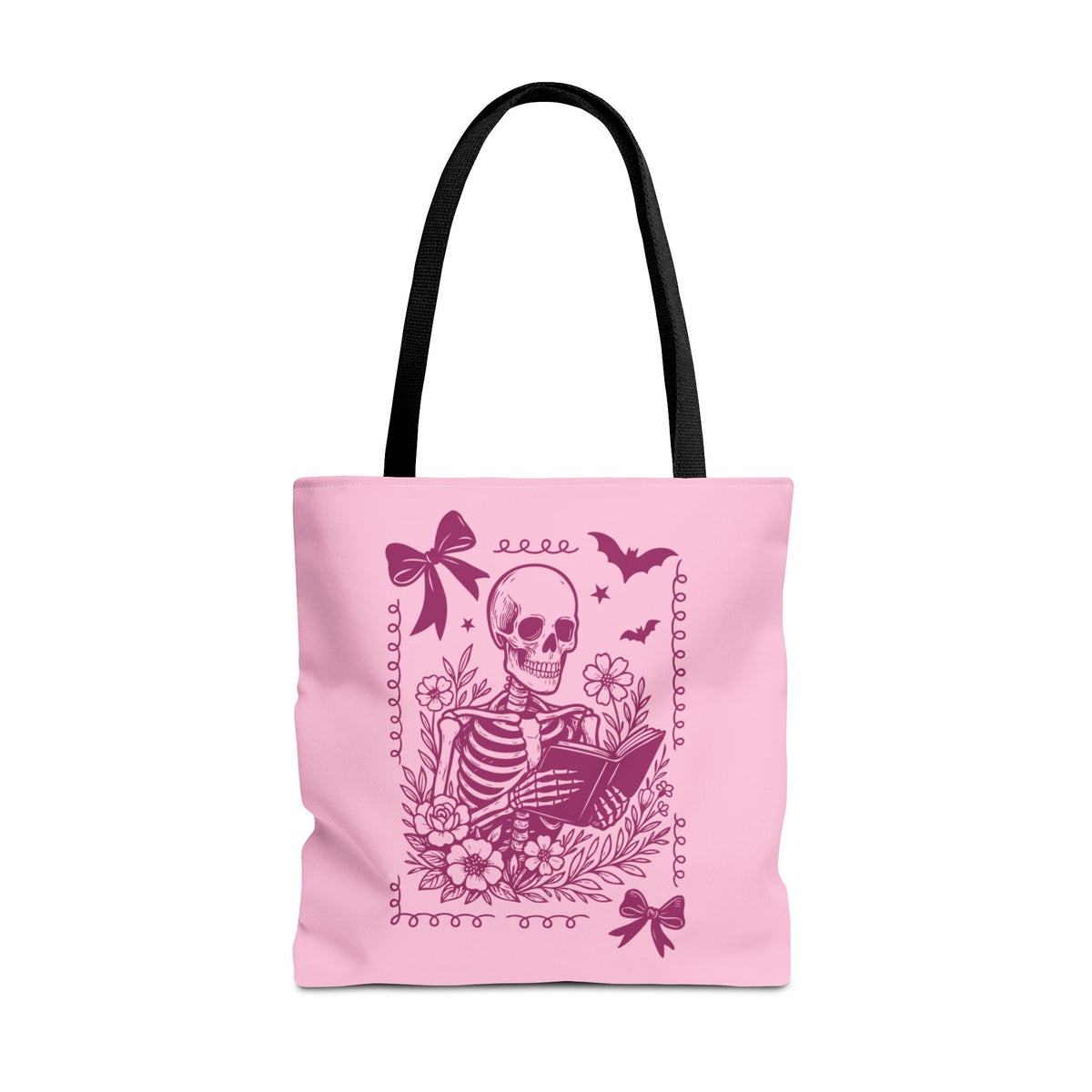Floral Pink Reading Skeleton Tote Bag  - Cute Gothic Booklover Tote