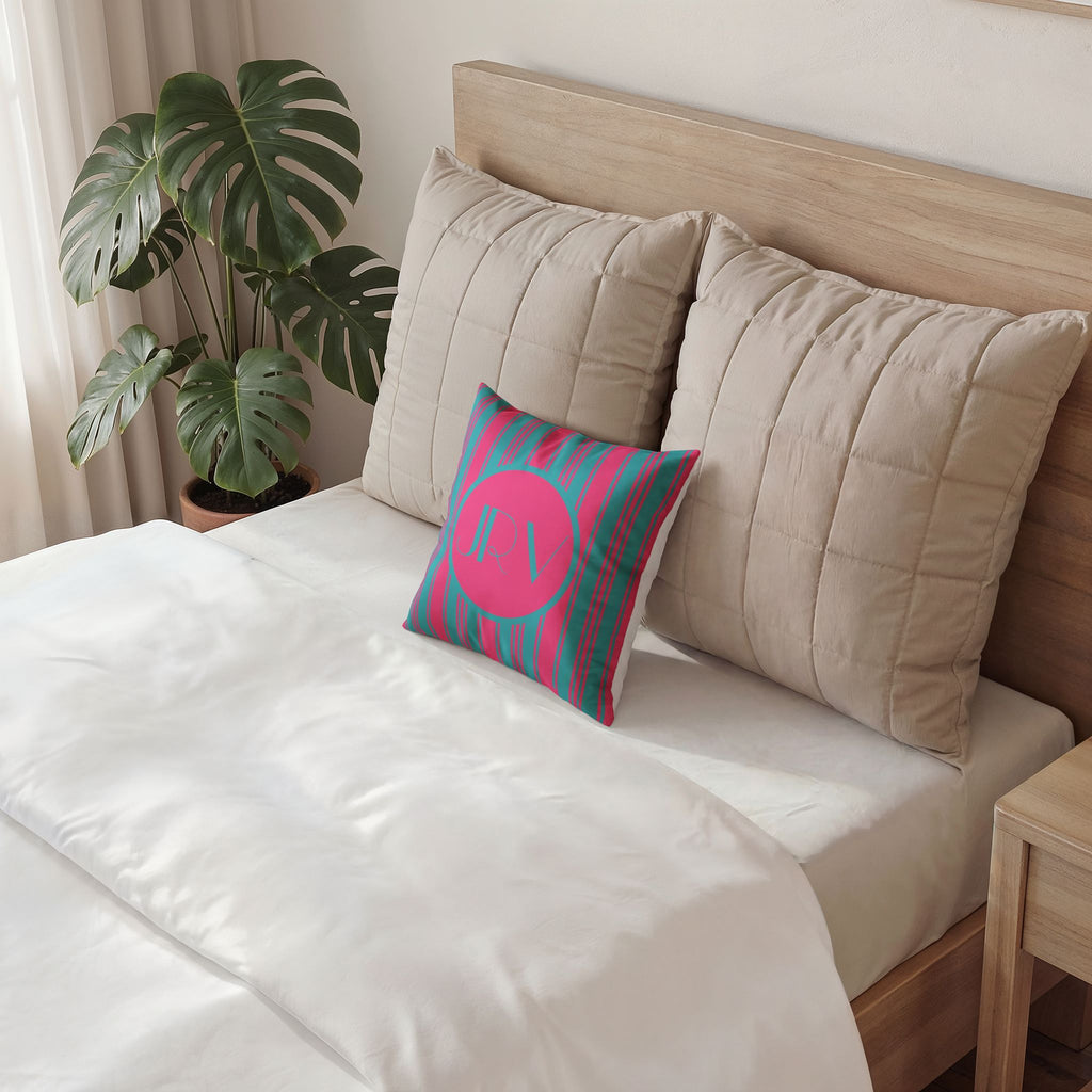 Monogram Velvet Throw Pillow - Bright Pink and Blue Ticking Stripe Decorative Pillow