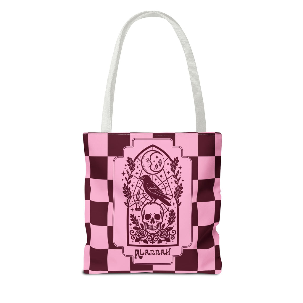 Gothic Raven and Skull Checkerboard Tote Bag - Personalizable Pink Retro Goth Carryall
