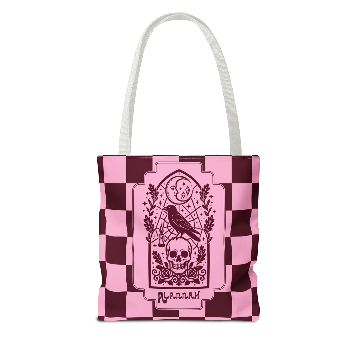 Gothic Raven and Skull Checkerboard Tote Bag - Personalizable Pink Retro Goth Carryall