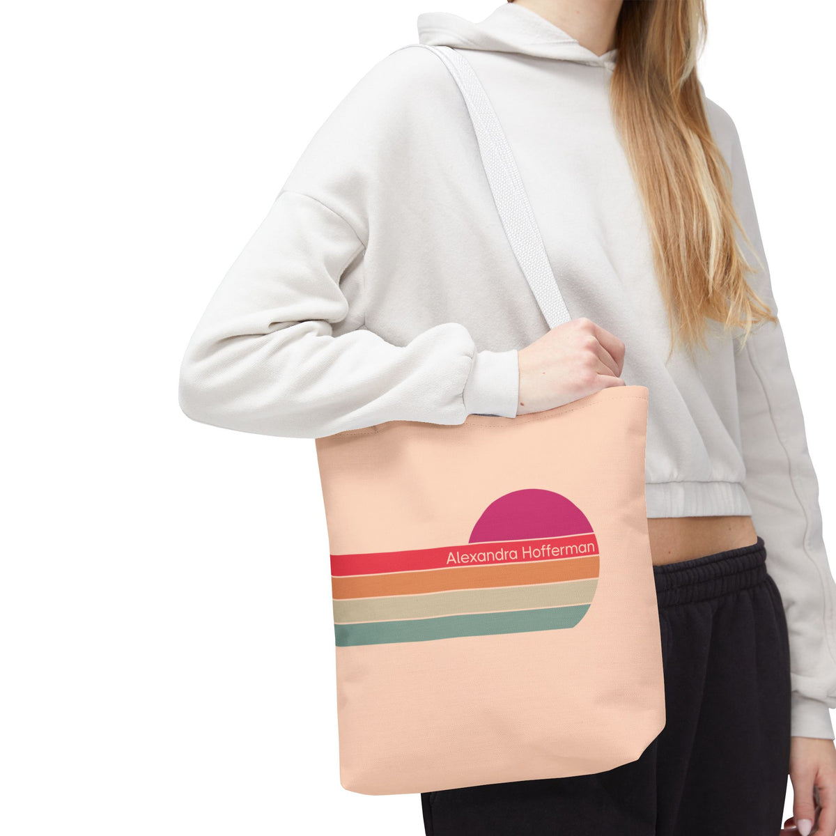 Personalizable Retro Sunset Tote Bag — Pastel Stripes Beach Vibe Carryall