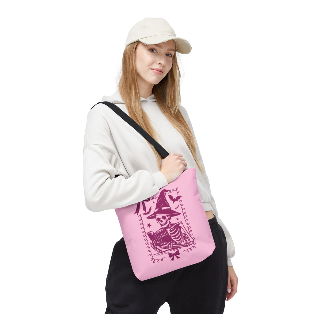 Pink Reading Witch Skeleton Tote Bag — Cute Coquette Frame Halloween Tote