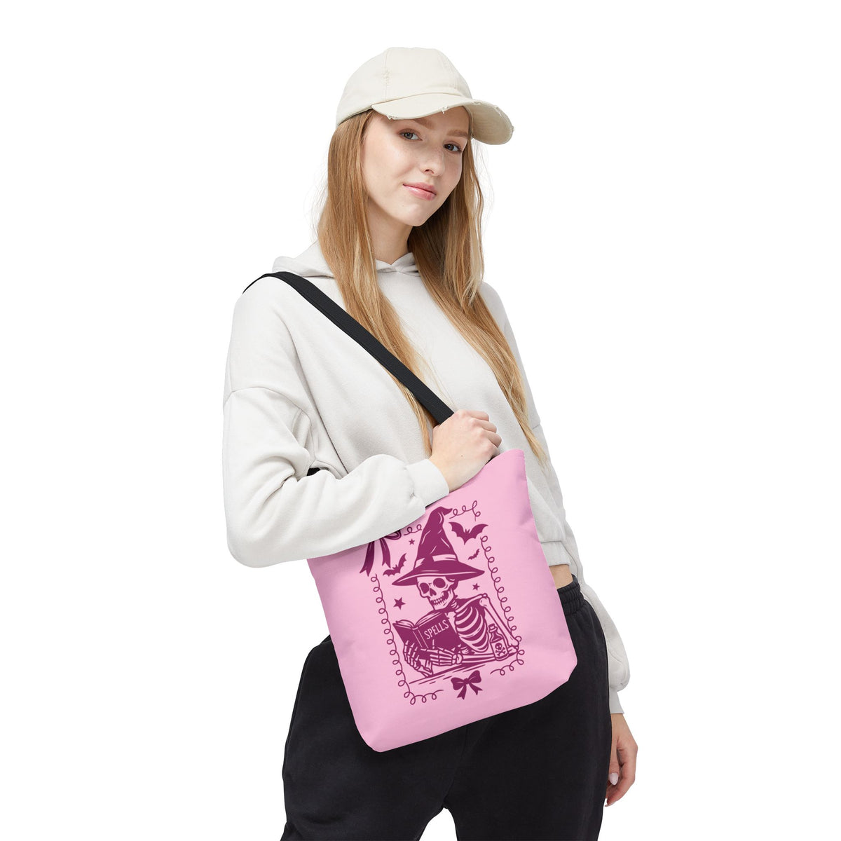 Pink Reading Witch Skeleton Tote Bag — Cute Coquette Frame Halloween Tote