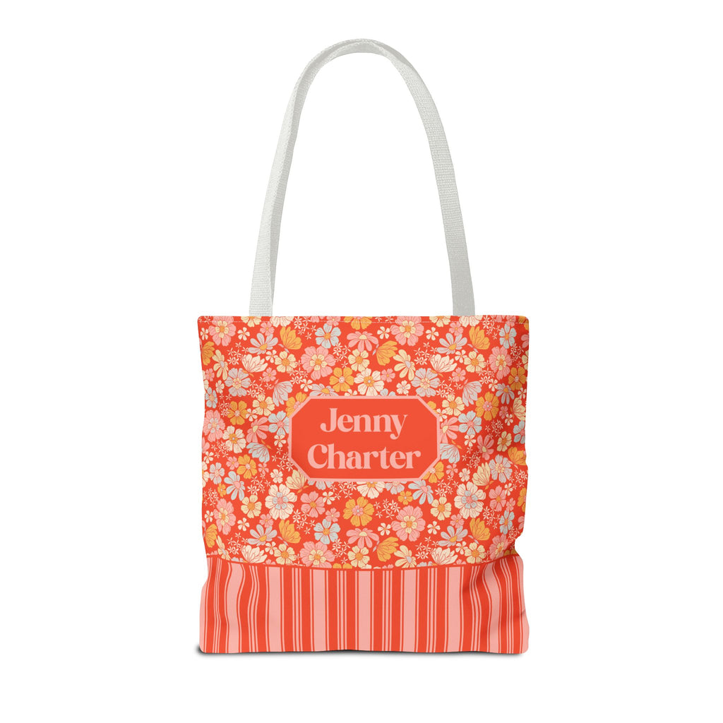 Personalizable Floral Striped Tote Bag - Orange Retro Blossom Tote