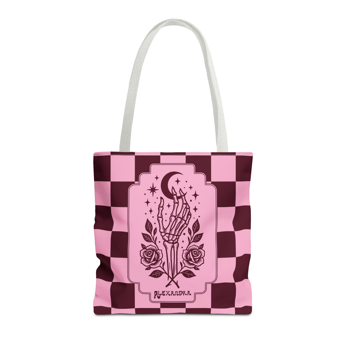 Personalizable Pink Checker Skeletal Hand Tote Bag — Gothic Moon and Roses Carryall