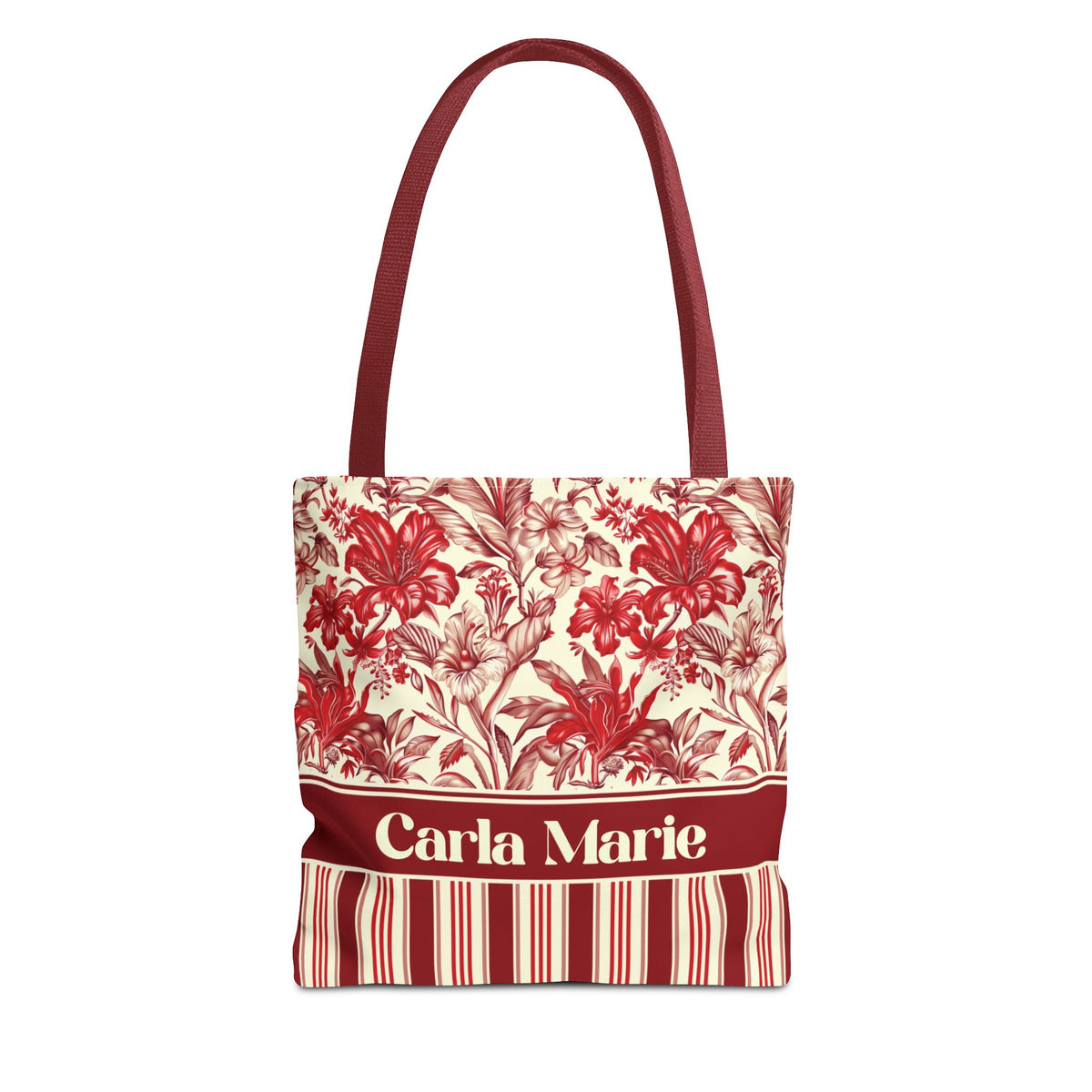 Personalizable Red Lily Tote Bag – Vintage Botanical Floral Striped Carryall