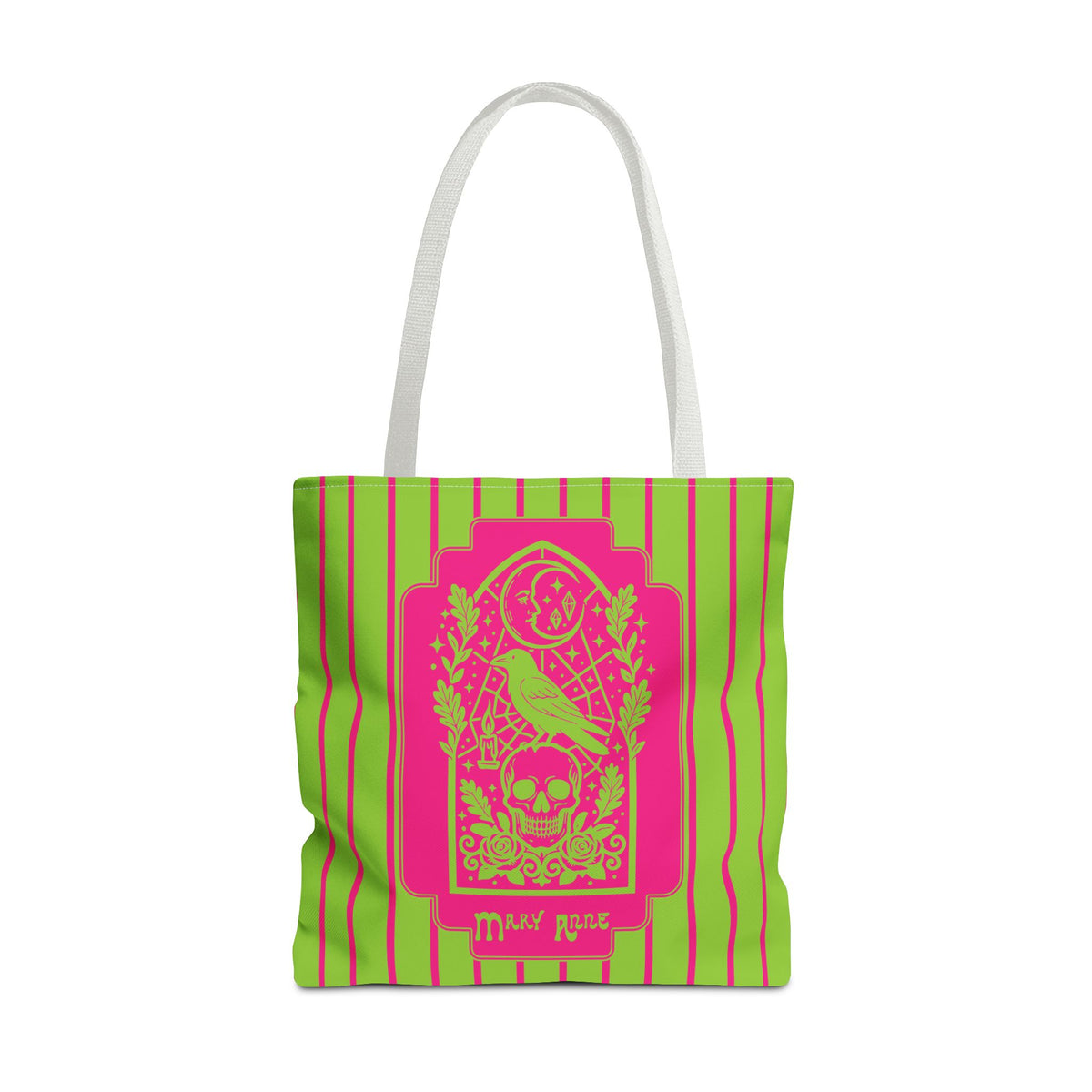 Neon Gothic Raven and Skull Tote Bag - Personalizable Pink and Green Retro Goth Carryall