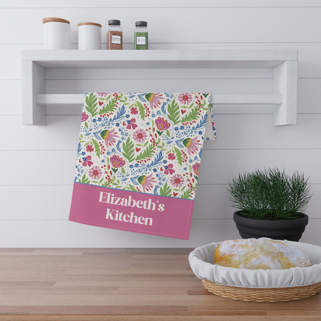 Personalizable Folk Art Tea Towel - Bright Floral Pattern Kitchen Towel