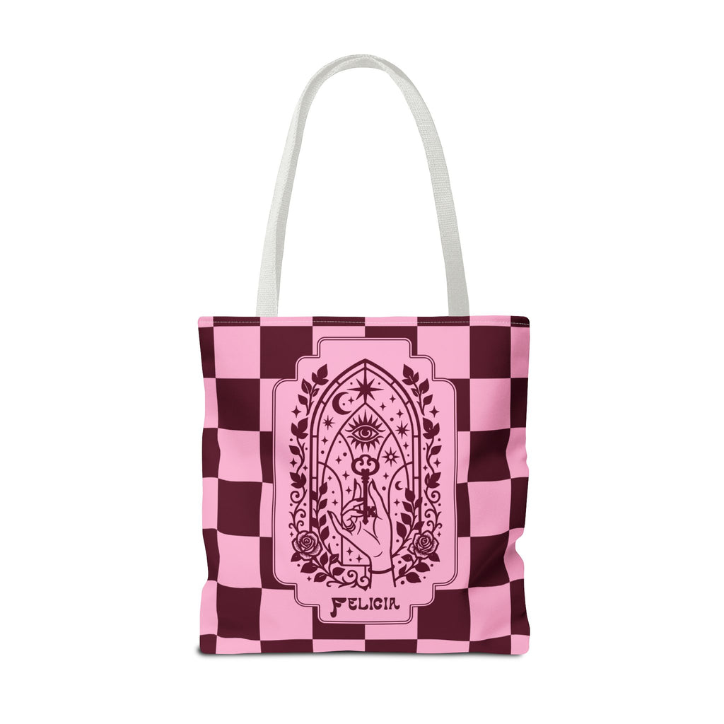 Personalizable Mystic Hand with Key Checkerboard Tote Bag – Pink and Burgundy Retro Goth Carryall