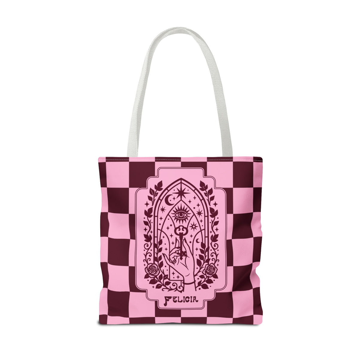 Personalizable Mystic Hand with Key Checkerboard Tote Bag – Pink and Burgundy Retro Goth Carryall