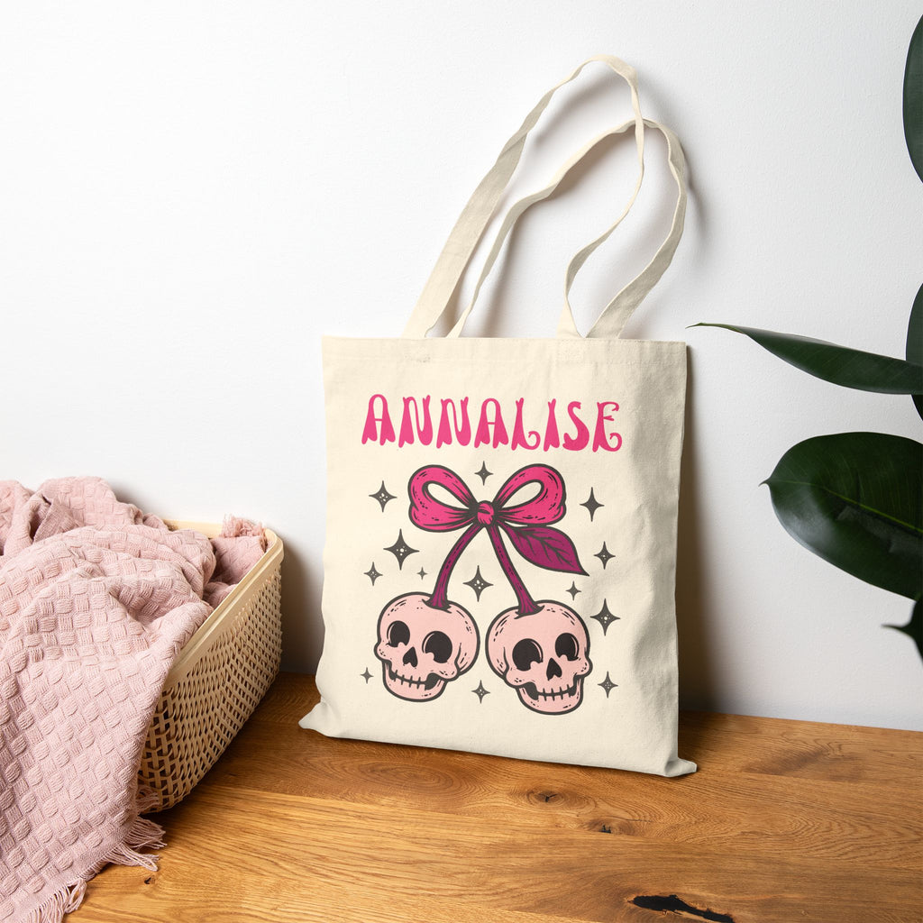 Pink Smiling Skull Cherry Bag - Personalizable Trick or Treat Canvas Tote