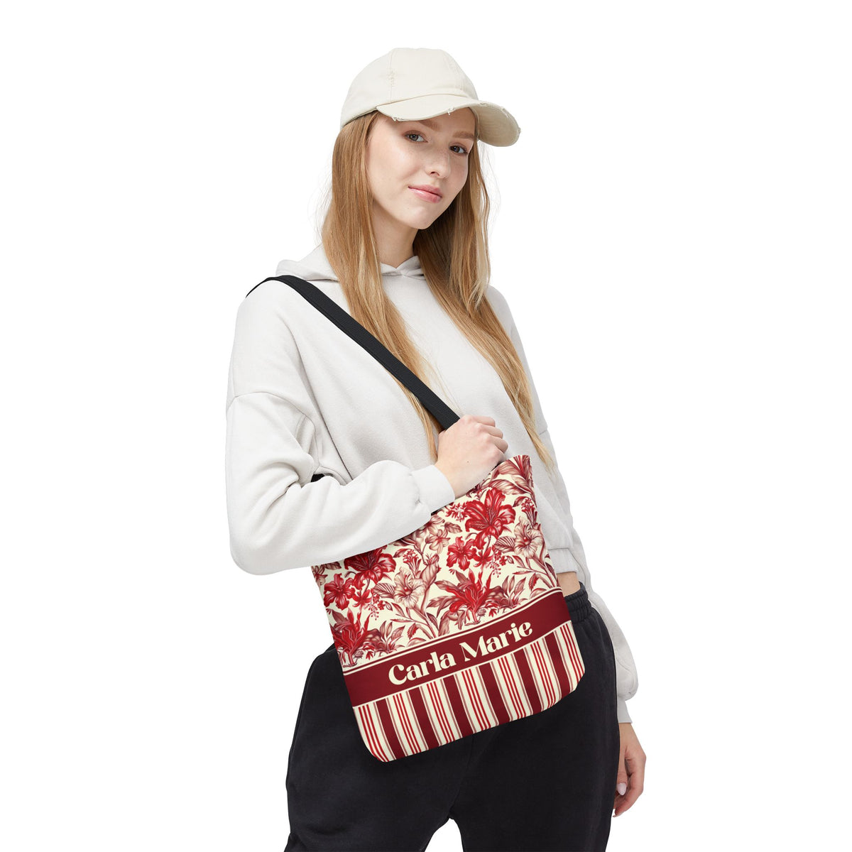 Personalizable Red Lily Tote Bag – Vintage Botanical Floral Striped Carryall