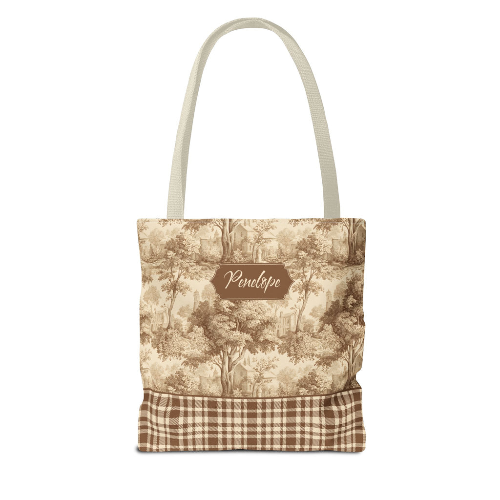 Personalized Market Tote -  Vintage Sepia Toile and Plaid Rustic Country Carryall