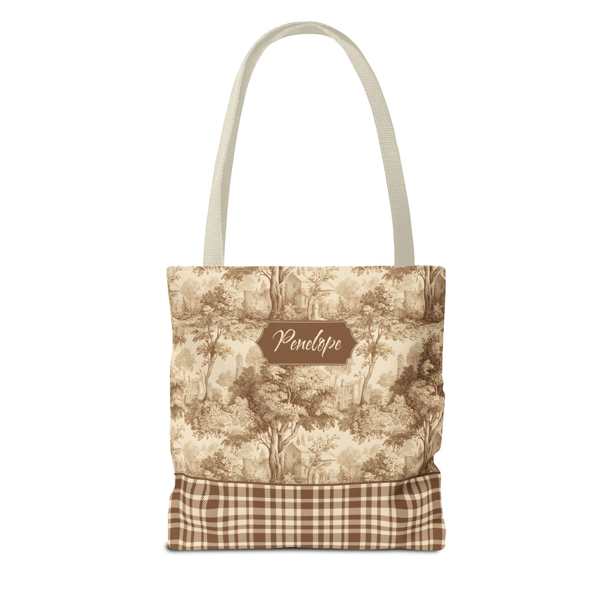 Personalized Market Tote -  Vintage Sepia Toile and Plaid Rustic Country Carryall