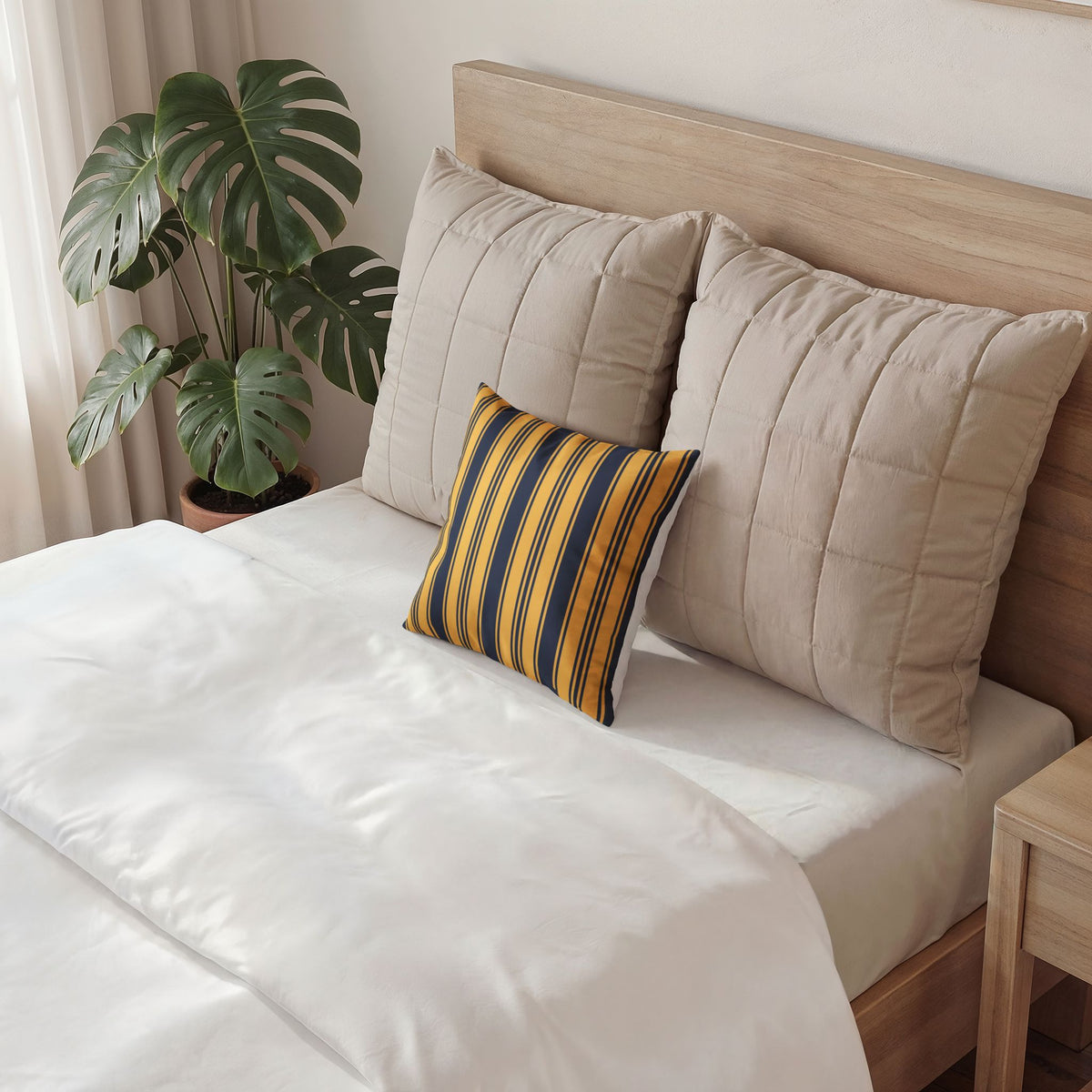Elegant Velvet Throw Pillow - Modern Blue and Gold Ticking Stripe Pillow