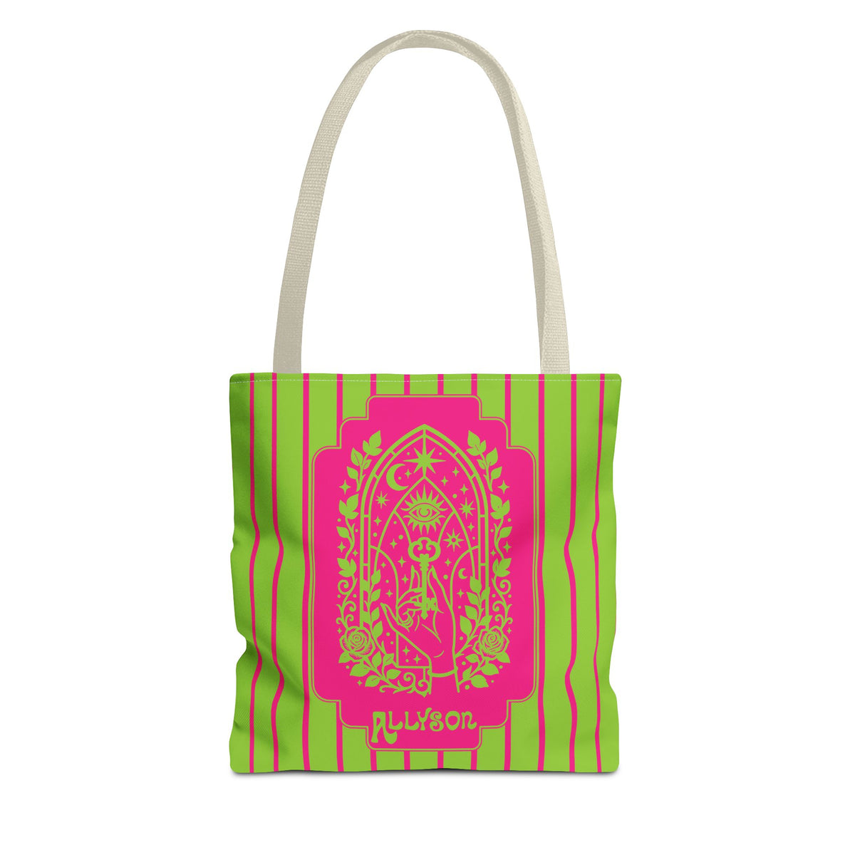 Personalizable Mystic Hand Neon Key Tote Bag -Retro Pink and Lime All-Over Print