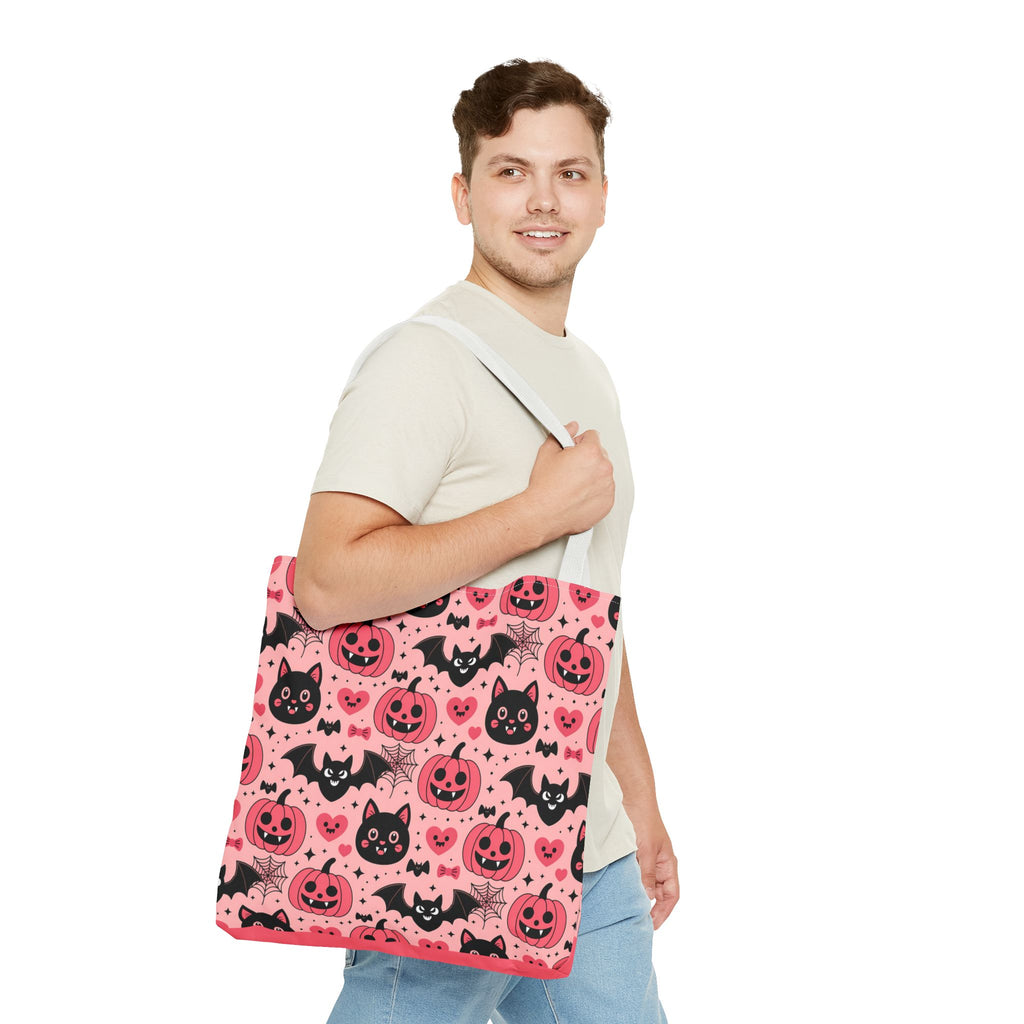 Cute Halloween Trick or Treat Tote Bag  - Pink Pumpkins, Black Cats and Bats Candy Carryall