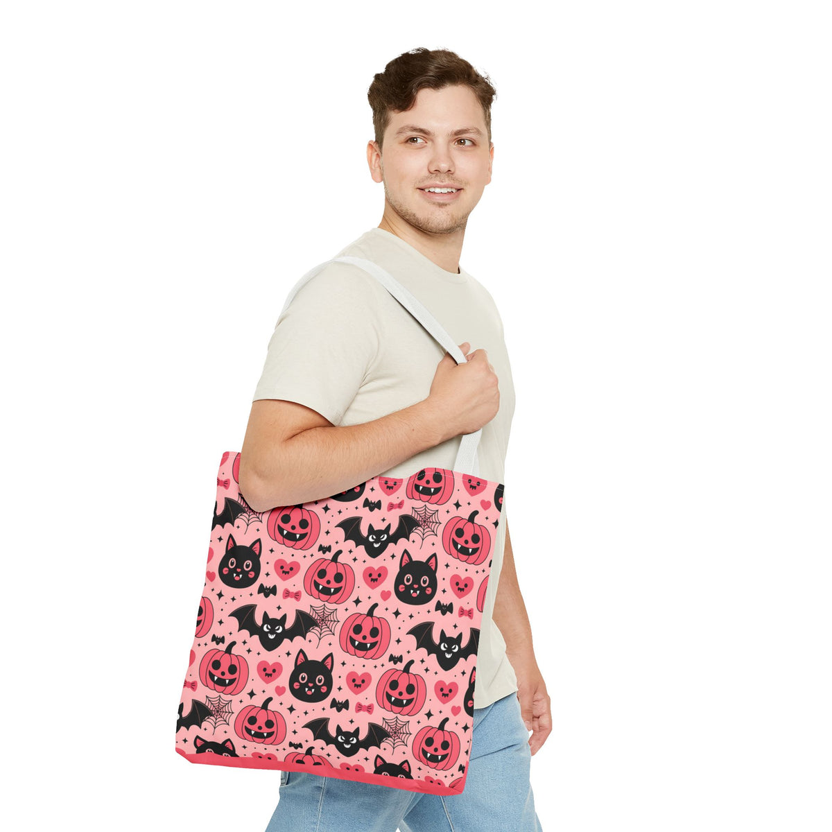 Cute Halloween Trick or Treat Tote Bag  - Pink Pumpkins, Black Cats and Bats Candy Carryall