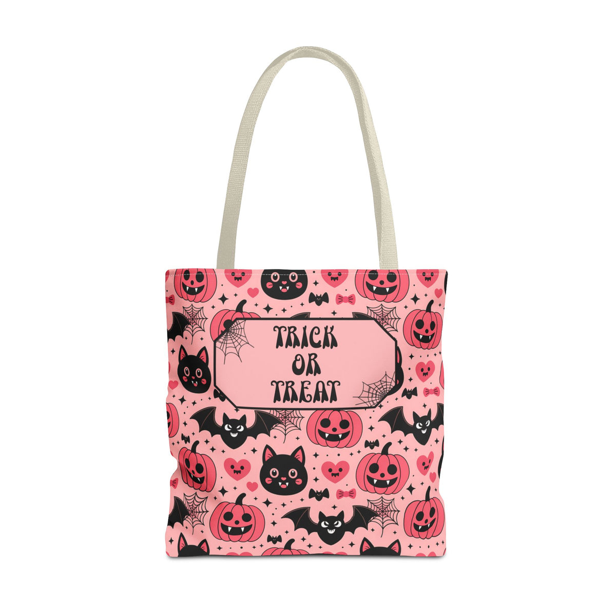 Pink Halloween Trick or Treat Bag  -Personalizable Carryall with Cute Cats, Bats and Jack-O'-Lanterns
