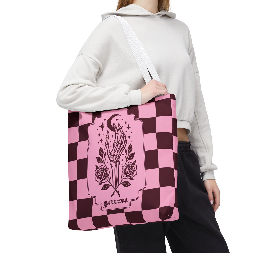 Personalizable Pink Checker Skeletal Hand Tote Bag — Gothic Moon and Roses Carryall