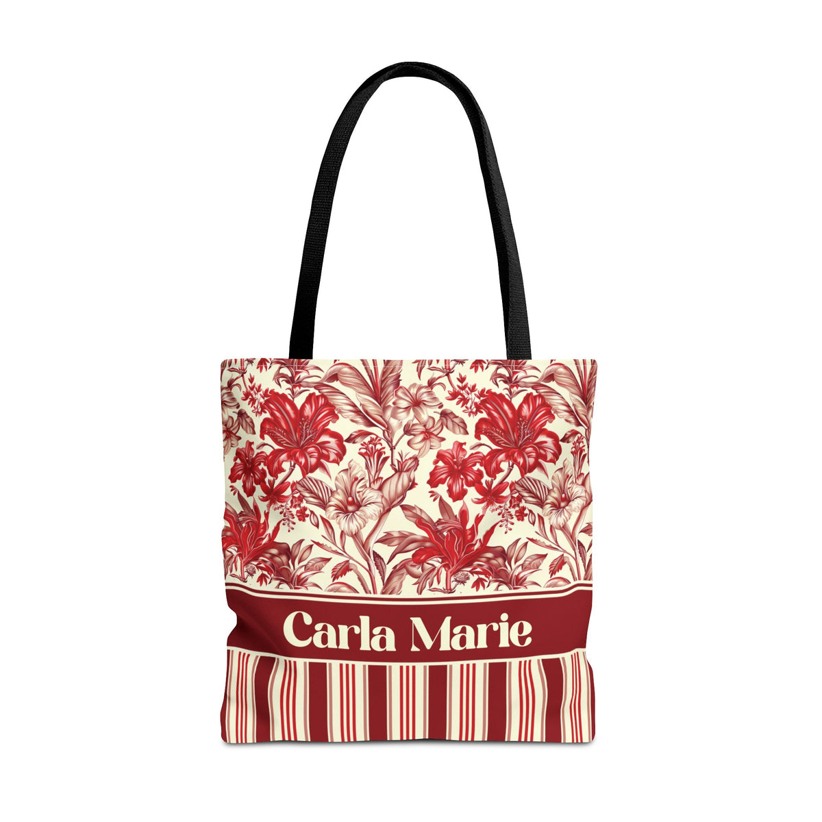 Personalizable Red Lily Tote Bag – Vintage Botanical Floral Striped Carryall