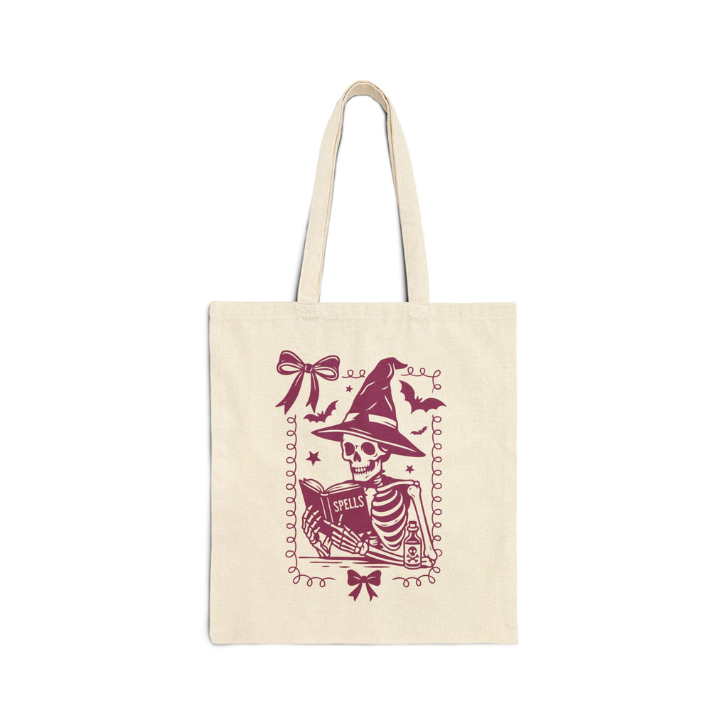 Coquette Reading Witch Skeleton Tote - Cute Goth Canvas Tote