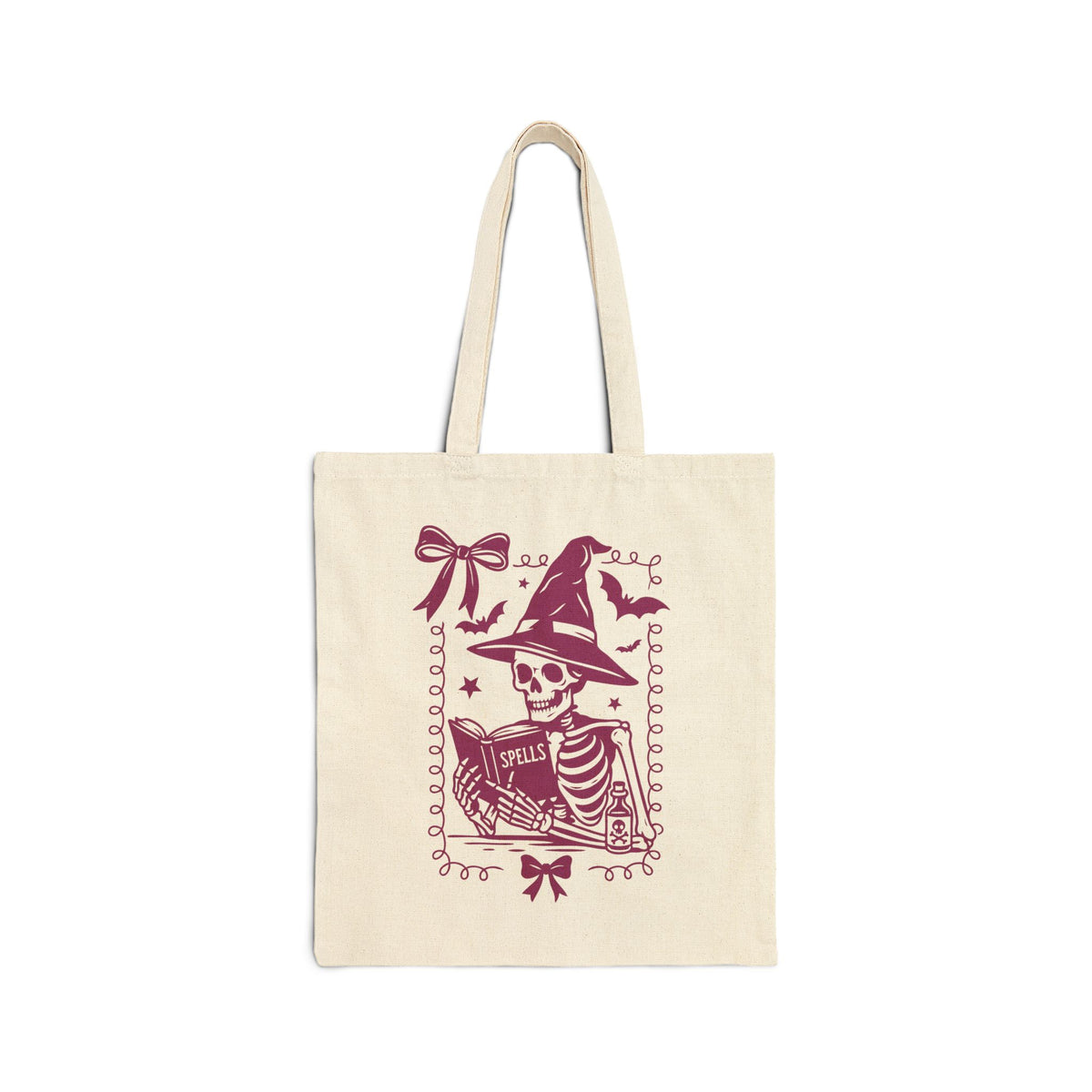 Coquette Reading Witch Skeleton Tote - Cute Goth Canvas Tote