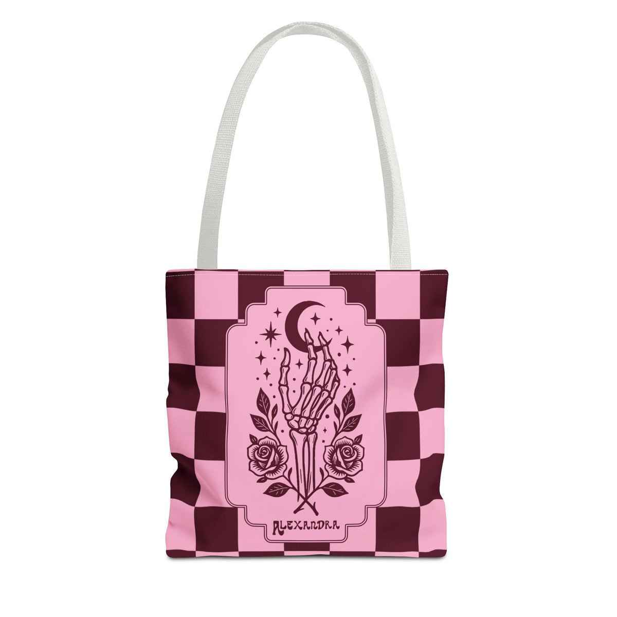Personalizable Pink Checker Skeletal Hand Tote Bag — Gothic Moon and Roses Carryall