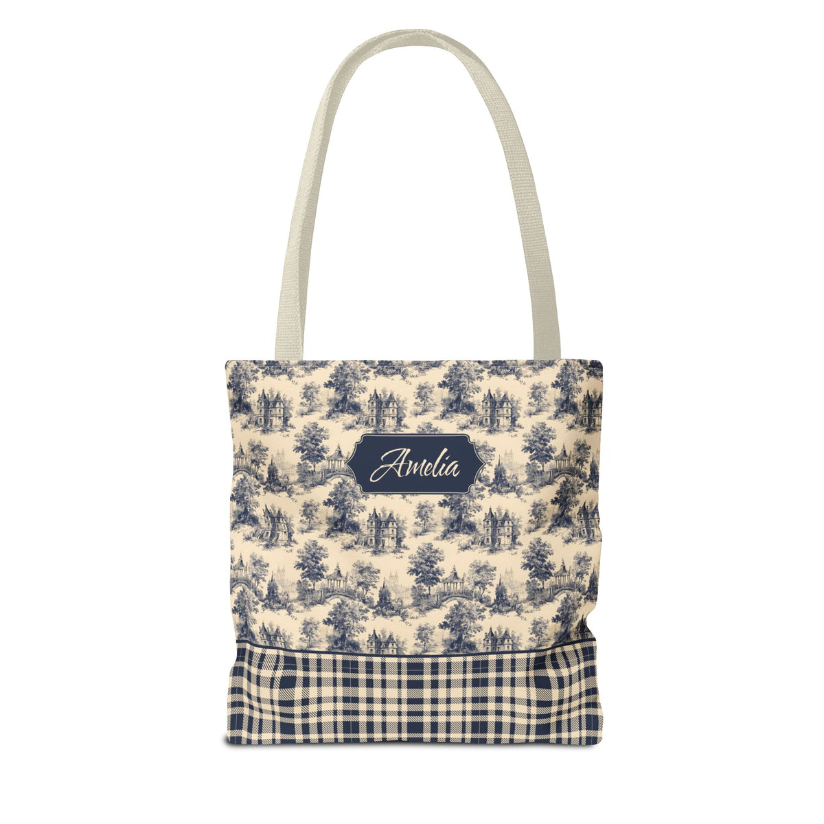 Personalizable Cottagecore Bag - Navy Toile and Plaid Tote