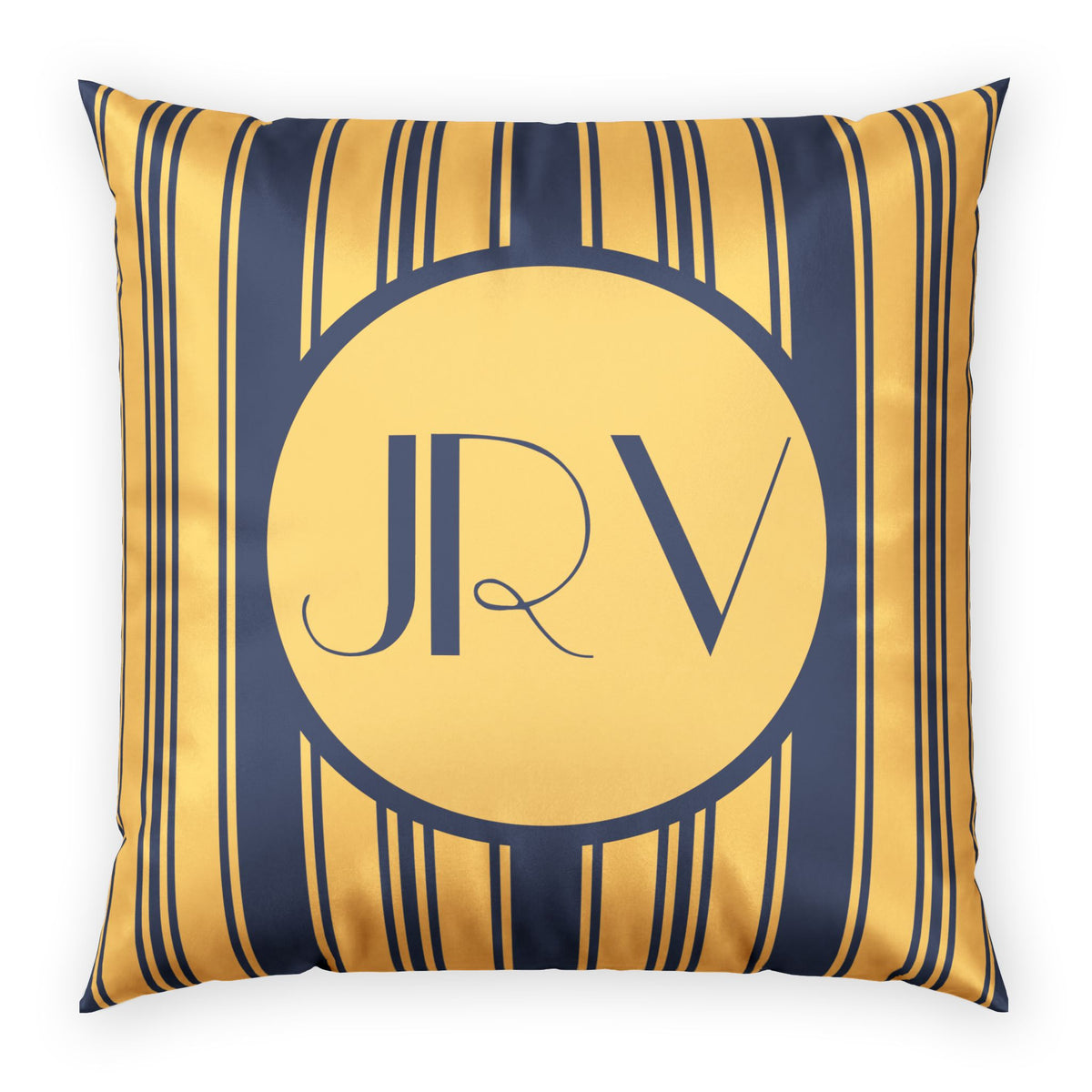 Personalizable Velvet Pillow - Blue and Gold Ticking Stripe Monogram Throw Pillow