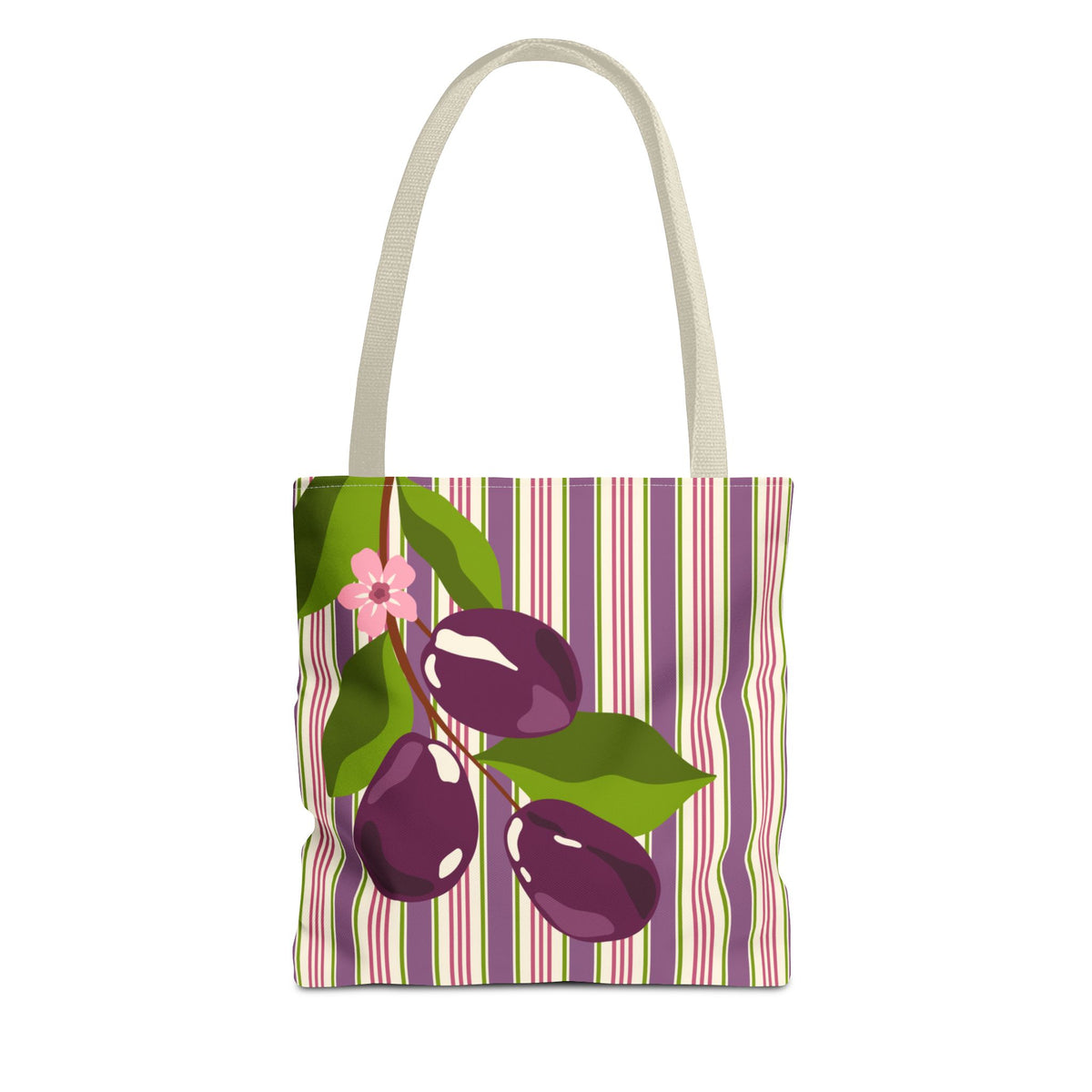 Plum Orchard Striped Tote Bag - Floral Plum Bouquet All-Over Print Tote