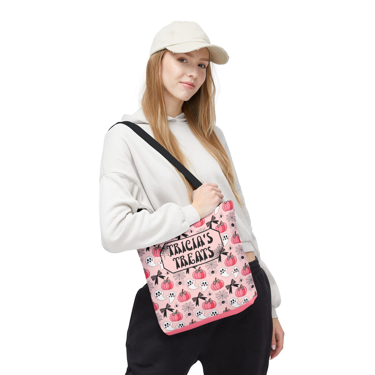 Pink Pumpkin Halloween Tote Bag - Cute Ghosts and Bows Personalizable Trick or Treat Bag