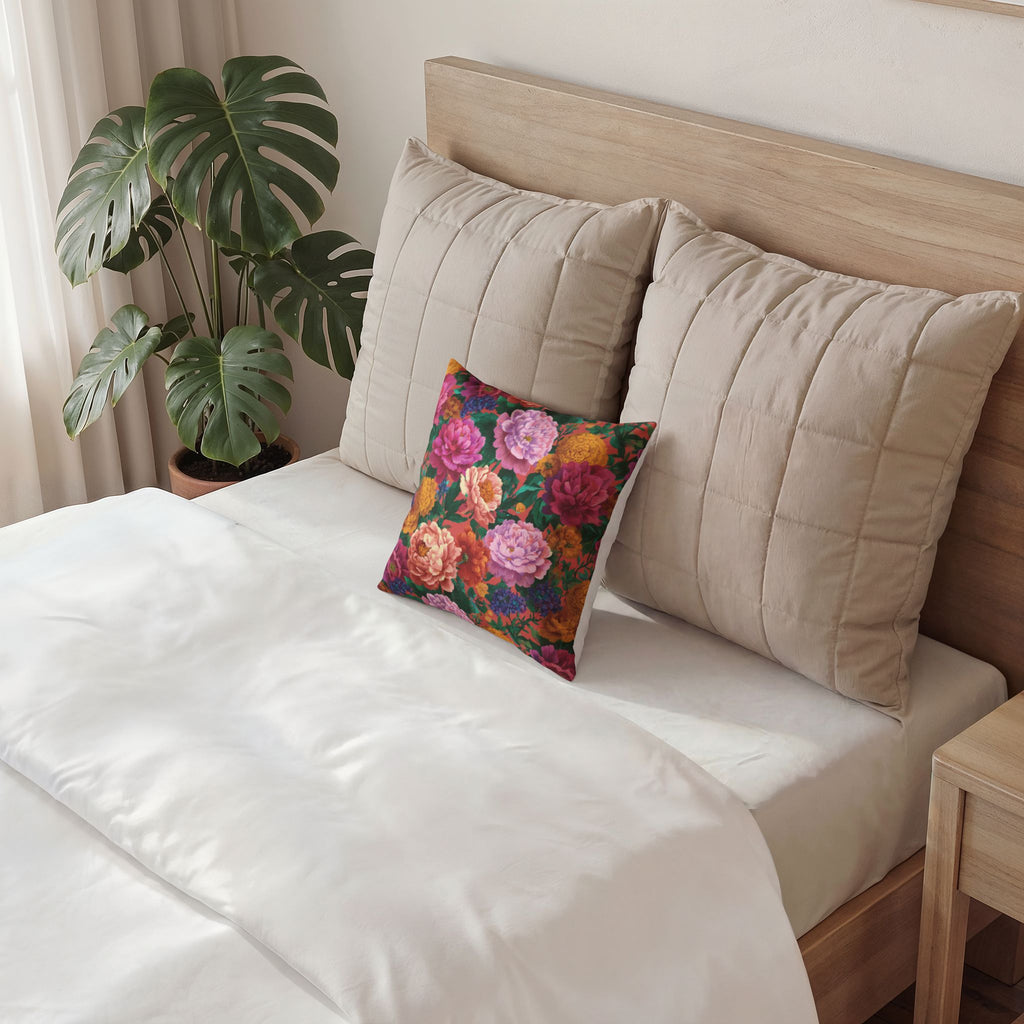 Floral Velvet Pillow - Vibrant Peony Garden Throw Pillow
