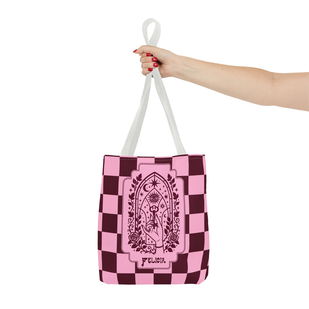 Personalizable Mystic Hand with Key Checkerboard Tote Bag – Pink and Burgundy Retro Goth Carryall