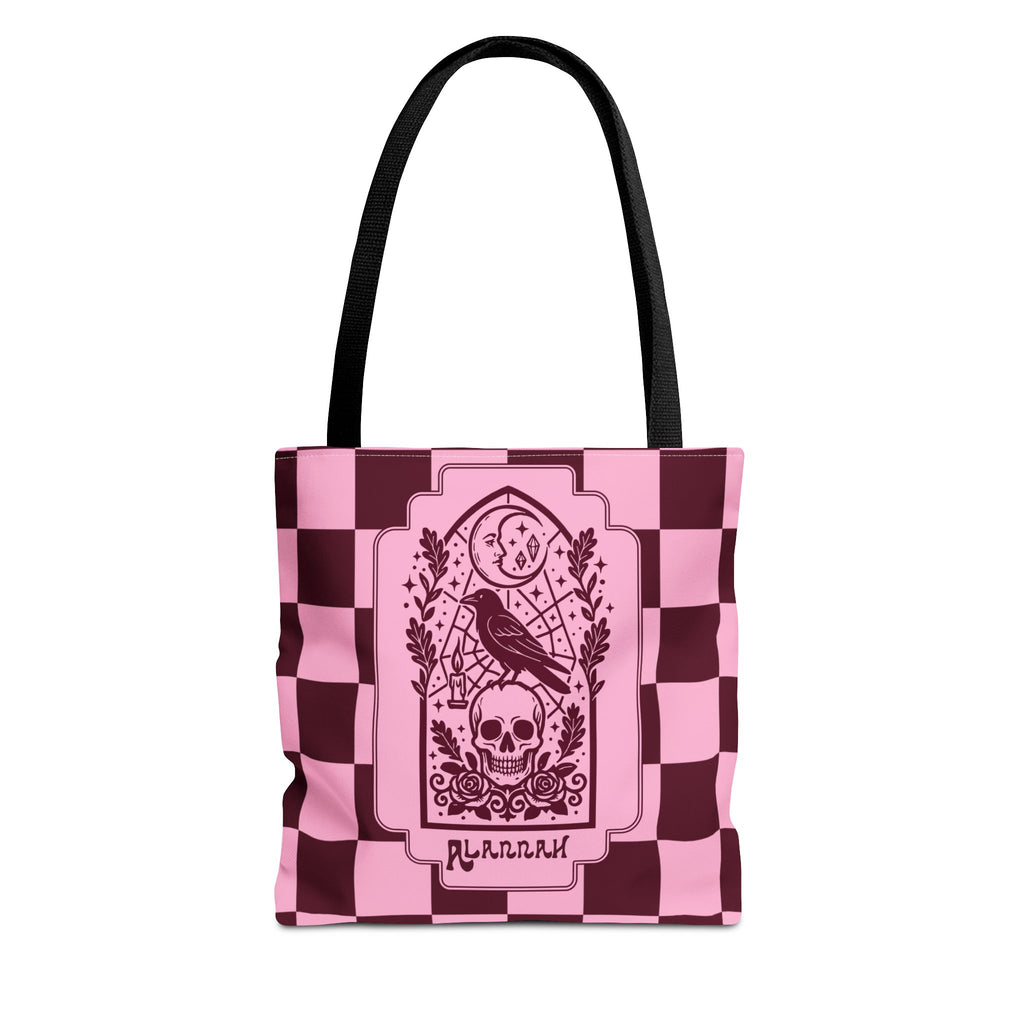 Gothic Raven and Skull Checkerboard Tote Bag - Personalizable Pink Retro Goth Carryall