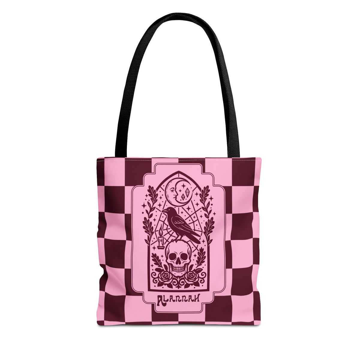 Gothic Raven and Skull Checkerboard Tote Bag - Personalizable Pink Retro Goth Carryall