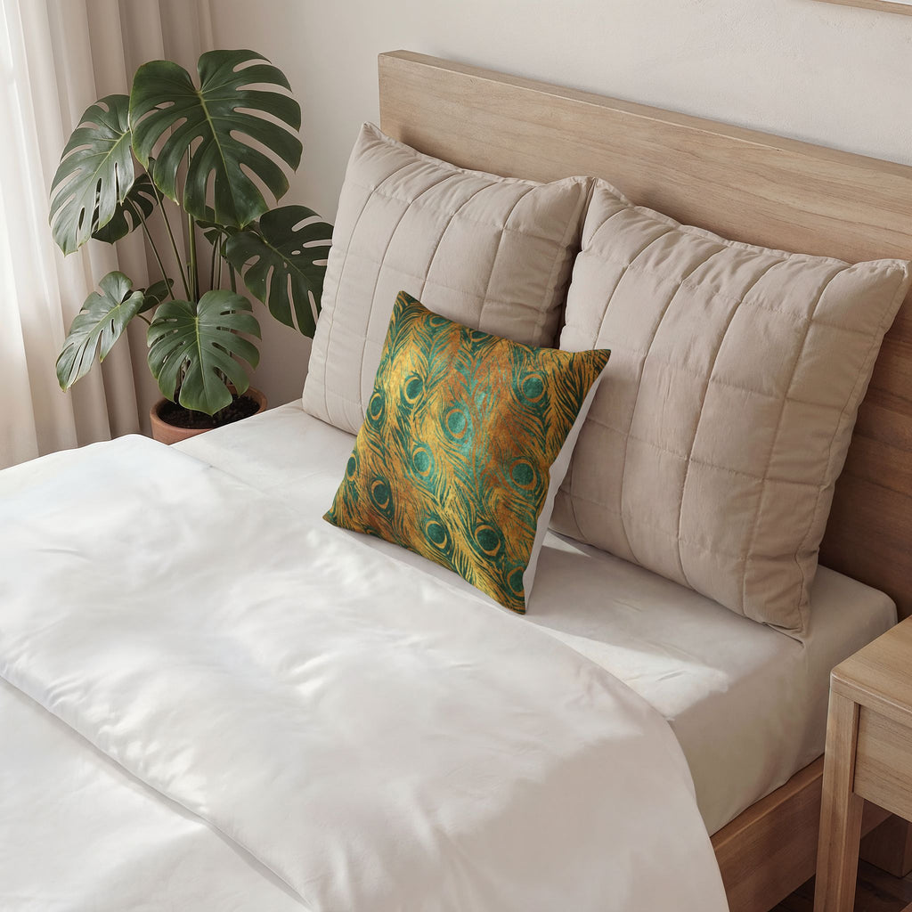 Peacock Feather Throw Pillow- Luxe Velvet Gold and Green Decorative Pillow