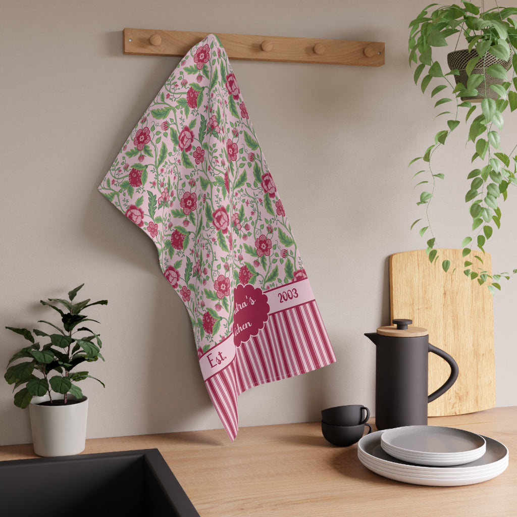 Personalizable Name and Date Tea Towel - Pink Jacobean Floral Striped Kitchen Towel