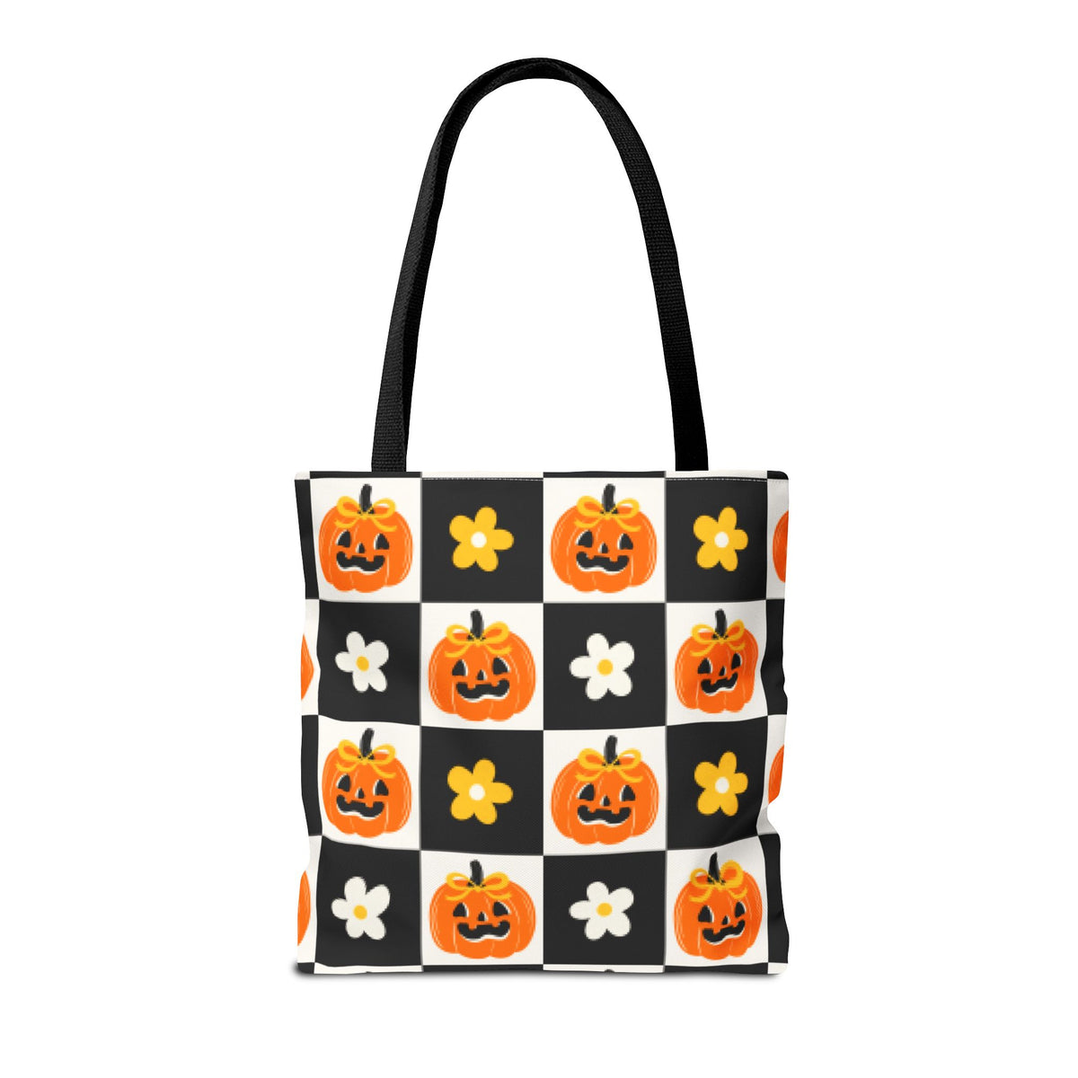 Coquette Pumpkin and Daisy Checkerboard Tote Bag - Cute Jack O Lantern Carryall