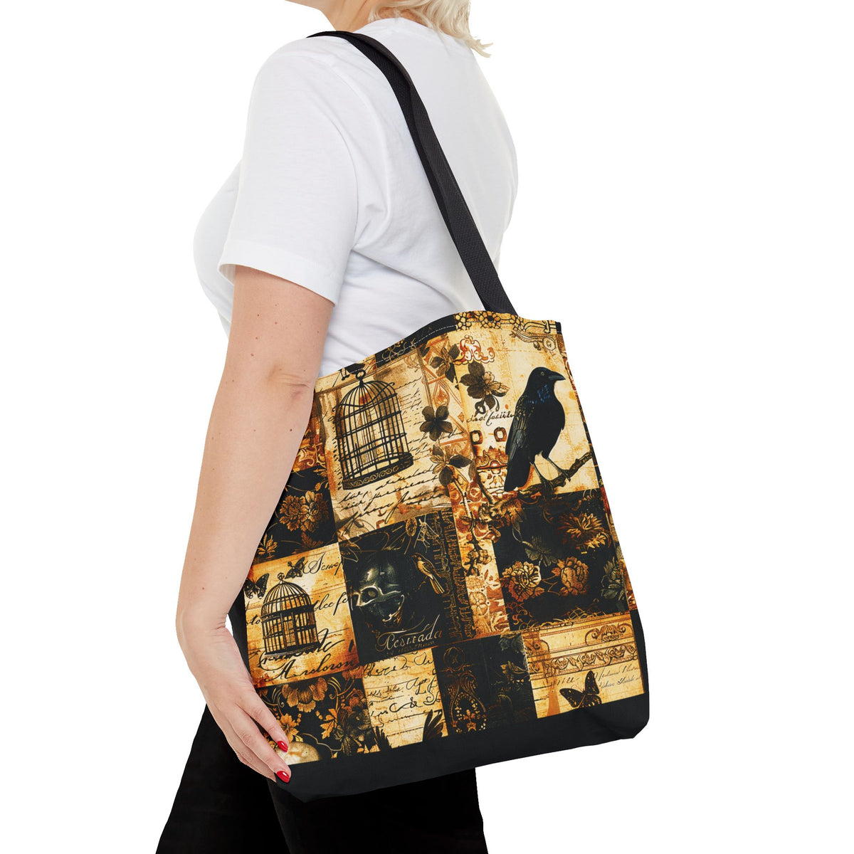 Gothic Raven Patchwork Tote Bag – Vintage Sepia and Black Collage Print