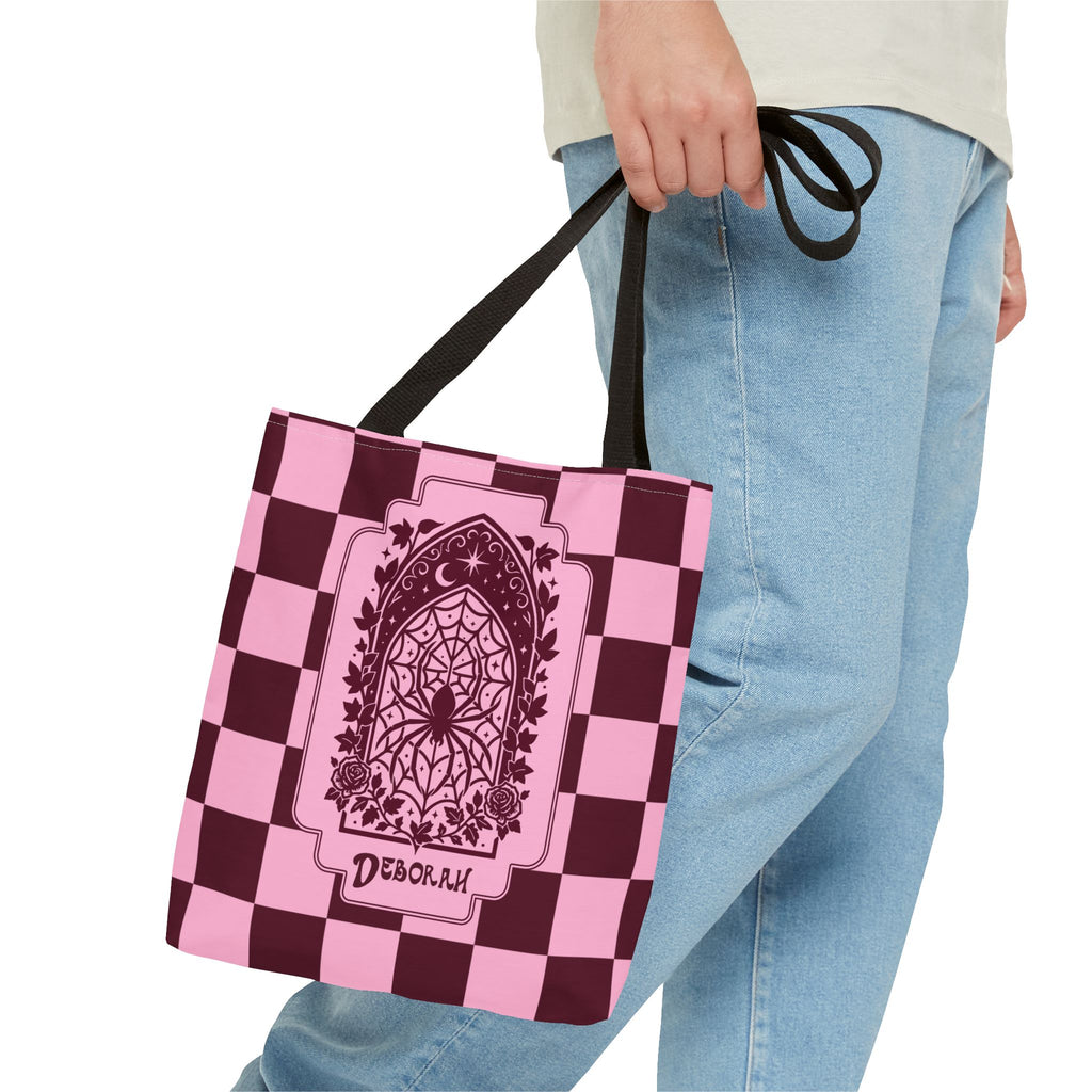Personalizable Pink and Burgundy Retro Goth Tote with Mystic Spider Stained Glass Design
