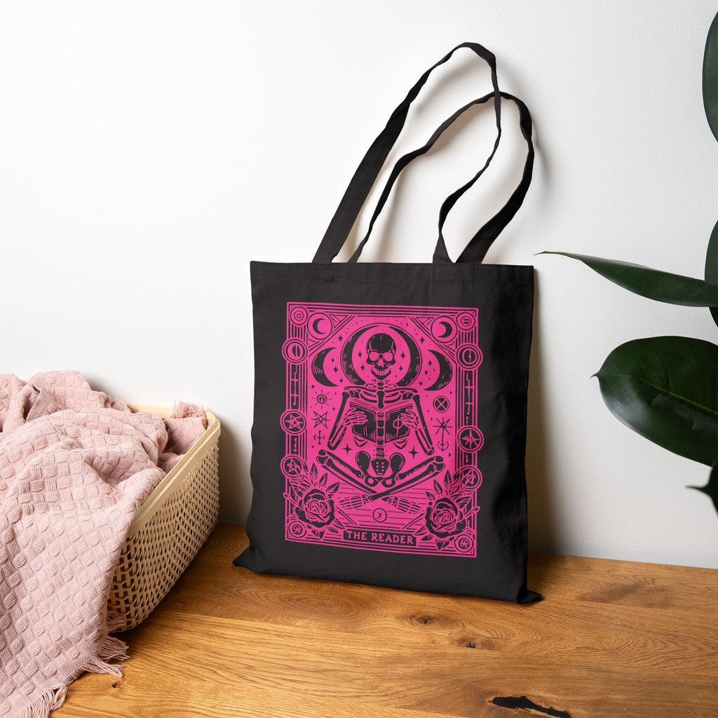 The Reader Skeleton Tarot Design in Pink Cotton Canvas Tote