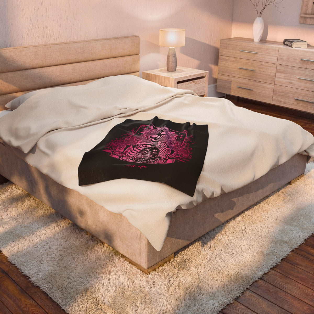Skeleton Woman and Cat Personalized Velveteen Blanket - Pink Cat Mom Tarot Throw