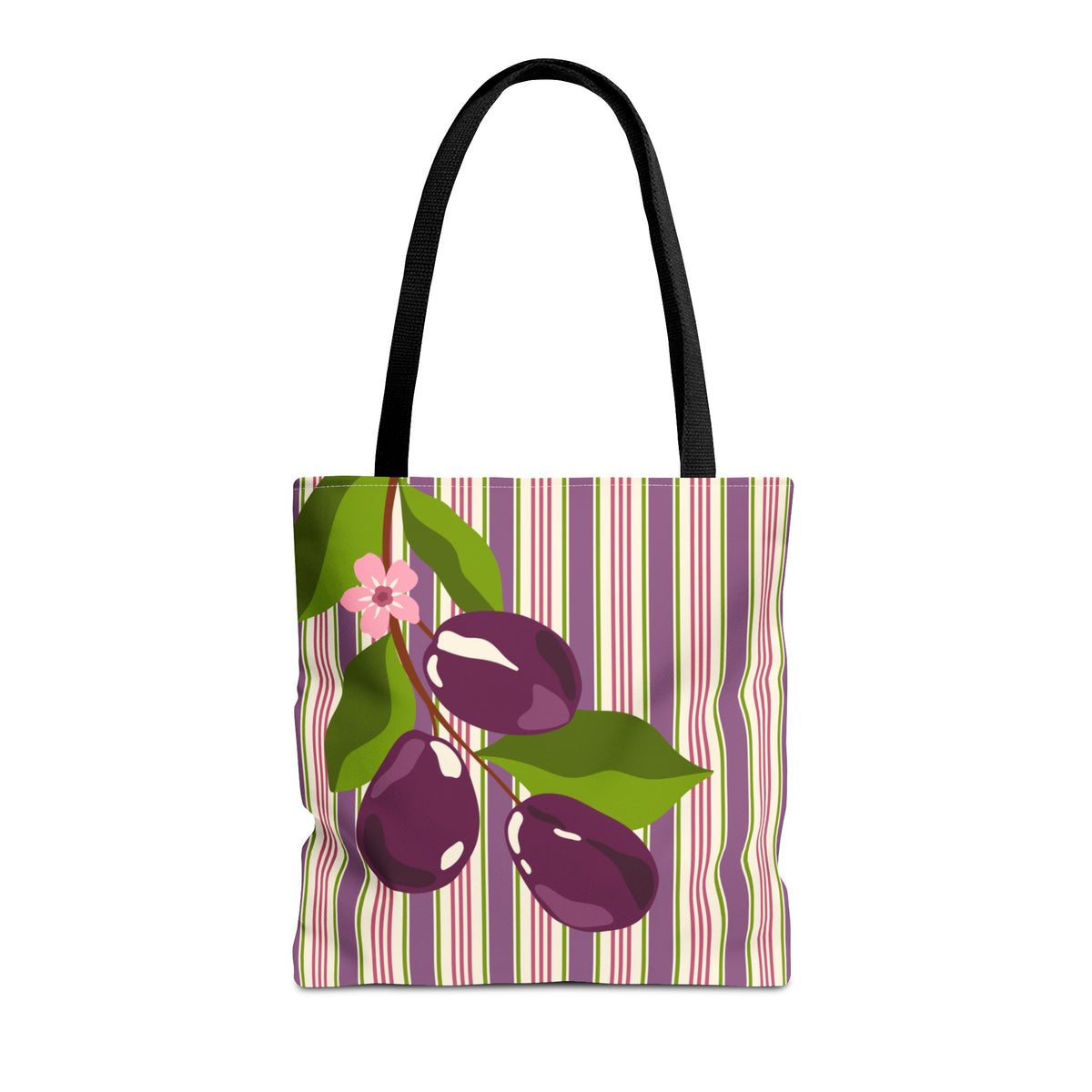 Plum Orchard Striped Tote Bag - Floral Plum Bouquet All-Over Print Tote