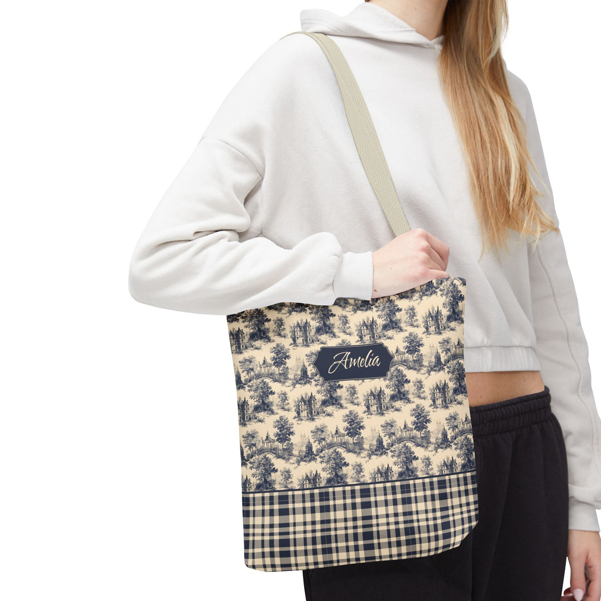 Personalizable Cottagecore Bag - Navy Toile and Plaid Tote