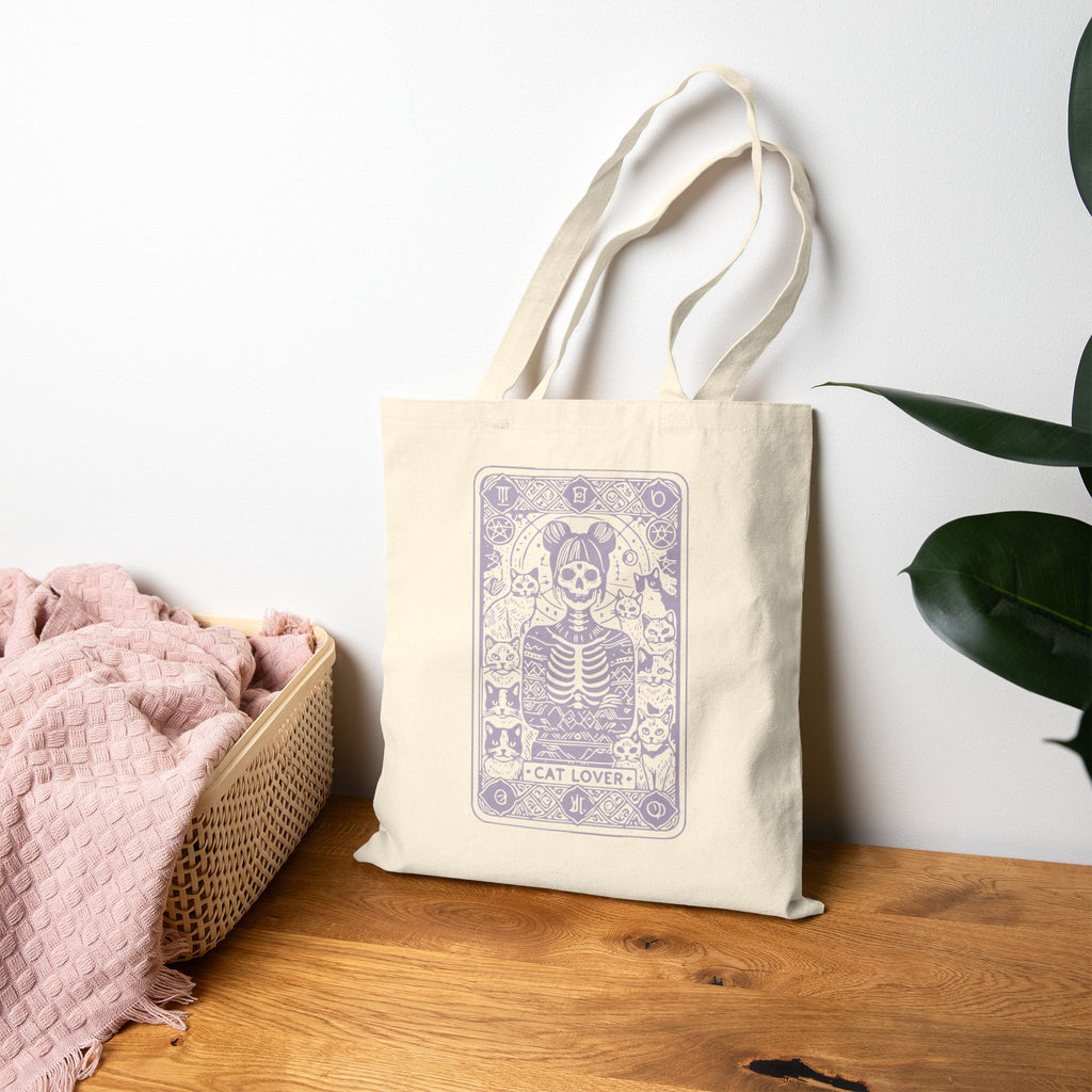 Cat Lady Skeleton Tarot Tote Bag  - 'Cat Lover' Cotton Canvas Tote